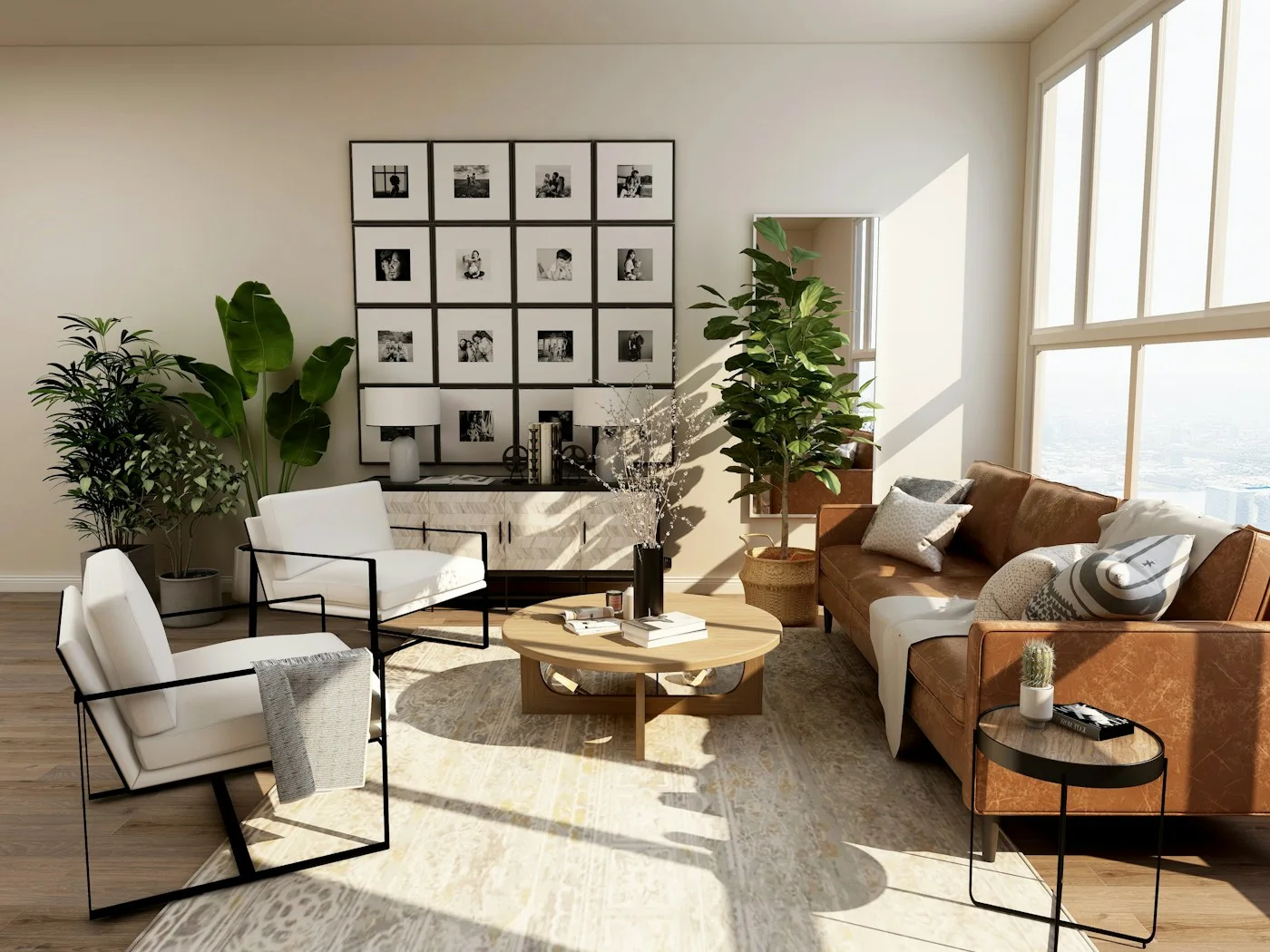 Bright living room with plants, seating and a gallery wall